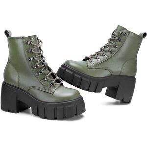 Women’s Combat Green Lace up Side Zipper High Heel Chunky Ankle Lug Sole Booties
